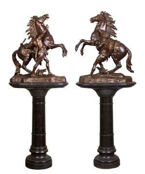 Pair of 19th C. Bronze Figures 'Marly Horse' on  Marble Pedestals