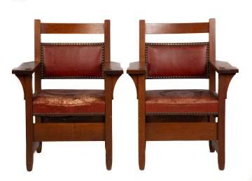 Pair of Gustav Stickley (American, 1858 - 1942) Oak Armchairs