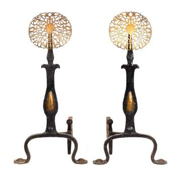 Wrought Iron and Brass Sun Flower Andirons