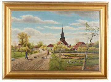 Armin Buchterkirch (American, 1859 - 1915) Village Scene with Geese 