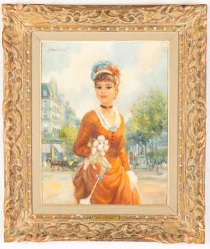 John Strevens (British, 1902 – 1990) "Mademoiselle with Poodle on Boulevard"