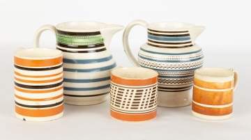 Five 19th Century Decorated Mocha Pitchers and Mugs