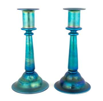 Steuben Blue Aurene Candlesticks