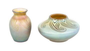Two Steuben Aurene Decorated Cabinet Vases