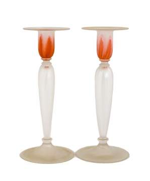 Rare Pair of Steuben Two Color Candlesticks