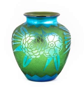Steuben Blue Aurene Over Pomona Green Acid Cutback Vase