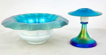 Steuben Blue Aurene & Calcite Bowl and Candlestick
