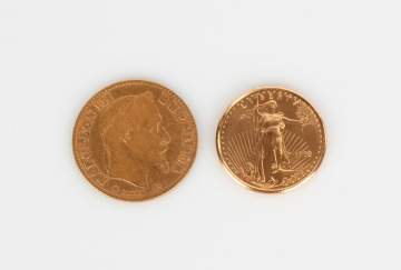 1866 Napoleon III 10 Francs & 1999 American 5  Dollar Gold Coin