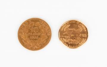 1866 Napoleon III 10 Francs & 1999 American 5  Dollar Gold Coin
