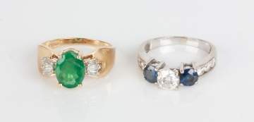 18K Gold, Diamond & Sapphire Ring & 14K Gold,  Diamond & Emerald Ring