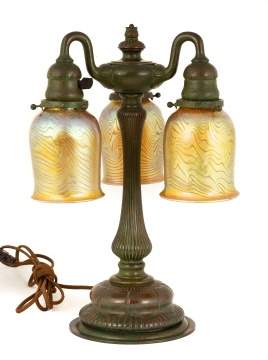 Tiffany Studios, NY Three Arm Newel Post Lamp