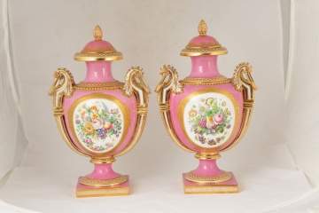 Pair of Coalport Porcelain Pink Ground Vases