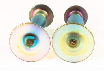 Pair of Blue & Gold Steuben Aurene Candlesticks