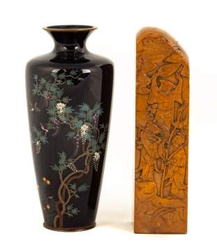 Japanese Cloisonné Vase/Hardstone Carving 