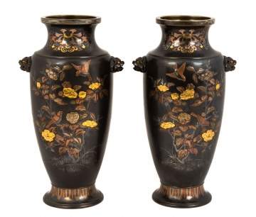 Fine Pair of Japanese Mixed Metal Vases