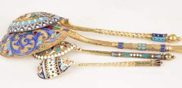 Four Russian Silver and Enameled Spoons
