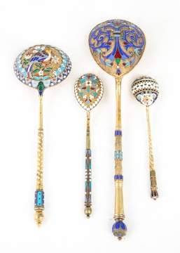 Four Russian Silver and Enameled Spoons
