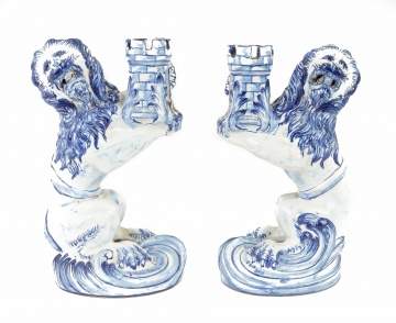 Pair of Galle Ceramic Lion Candle Holders