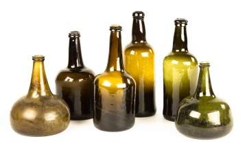 Six Early Blown Glass Olive Green Bottles