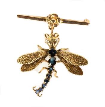 Sapphire, Diamond and Gold Dragonfly Pin