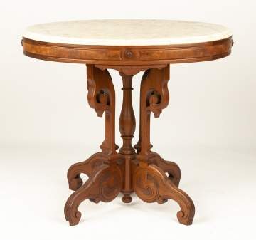 Oval Marble-Top Walnut Table