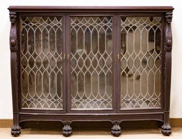 Triple Door Oak Leaded and Beveled Glass Bookcase