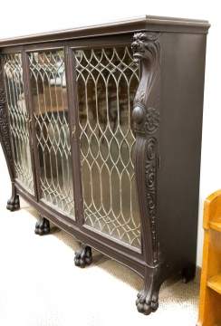 Triple Door Oak Leaded and Beveled Glass Bookcase