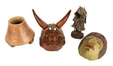 Carved Masks, Tripod Bowl, Pat Stewart Pottery Figure