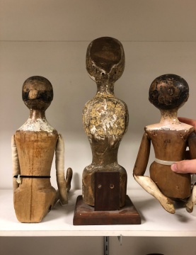 Three Early Queen Ann Carved & Painted Wood Dolls