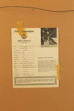 Eyvind Earle (American, 1916-2000), "Red Barn and Tree Snow"