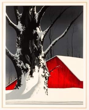 Eyvind Earle (American, 1916-2000), "Red Barn and Tree Snow"
