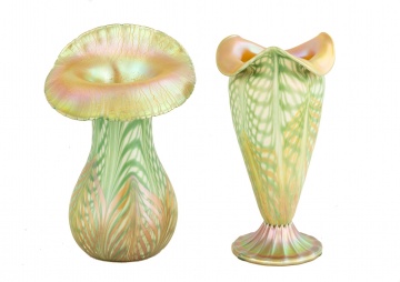 Two Fine Quezal Decorated Art Glass Vases