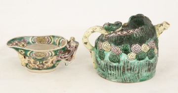 Rare & Unusual Buddhist Lion Famille Verte Teapot and Kangxi Period Famille Verte Libation Cup