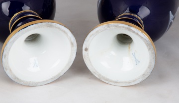 Pair of Meissen Porcelain Cobalt Blue Ground Enameled Vases