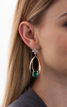 Pair of 18K Gold, Diamond and Green Cut Emerald Earrings