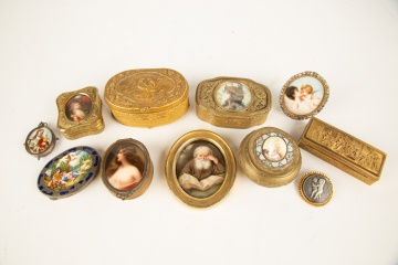 Group of Brass and Porcelain Painted Boxes