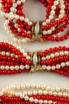 18K Gold, Diamond, Coral and Pearl Necklace and  Bracelet Set