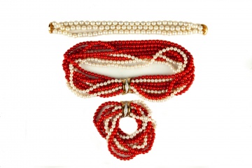 18K Gold, Diamond, Coral and Pearl Necklace and  Bracelet Set