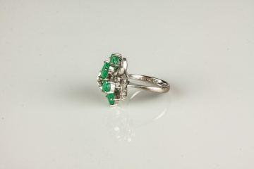 14K White Gold, Natural Emerald and Diamond Ring