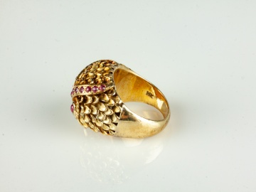 14K Gold Owl Ring with Natural Rubies