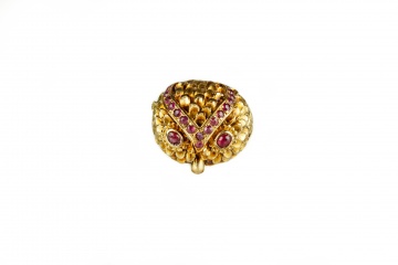 14K Gold Owl Ring with Natural Rubies