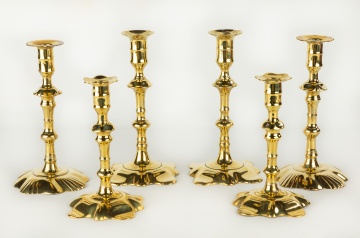 Three Pairs of Queen Anne Brass Candlesticks