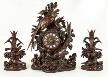 Carved Black Forest Shelf Clock and Pair of  Candlesticks