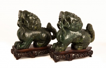 Pair of Spinach Jade Foo Dogs