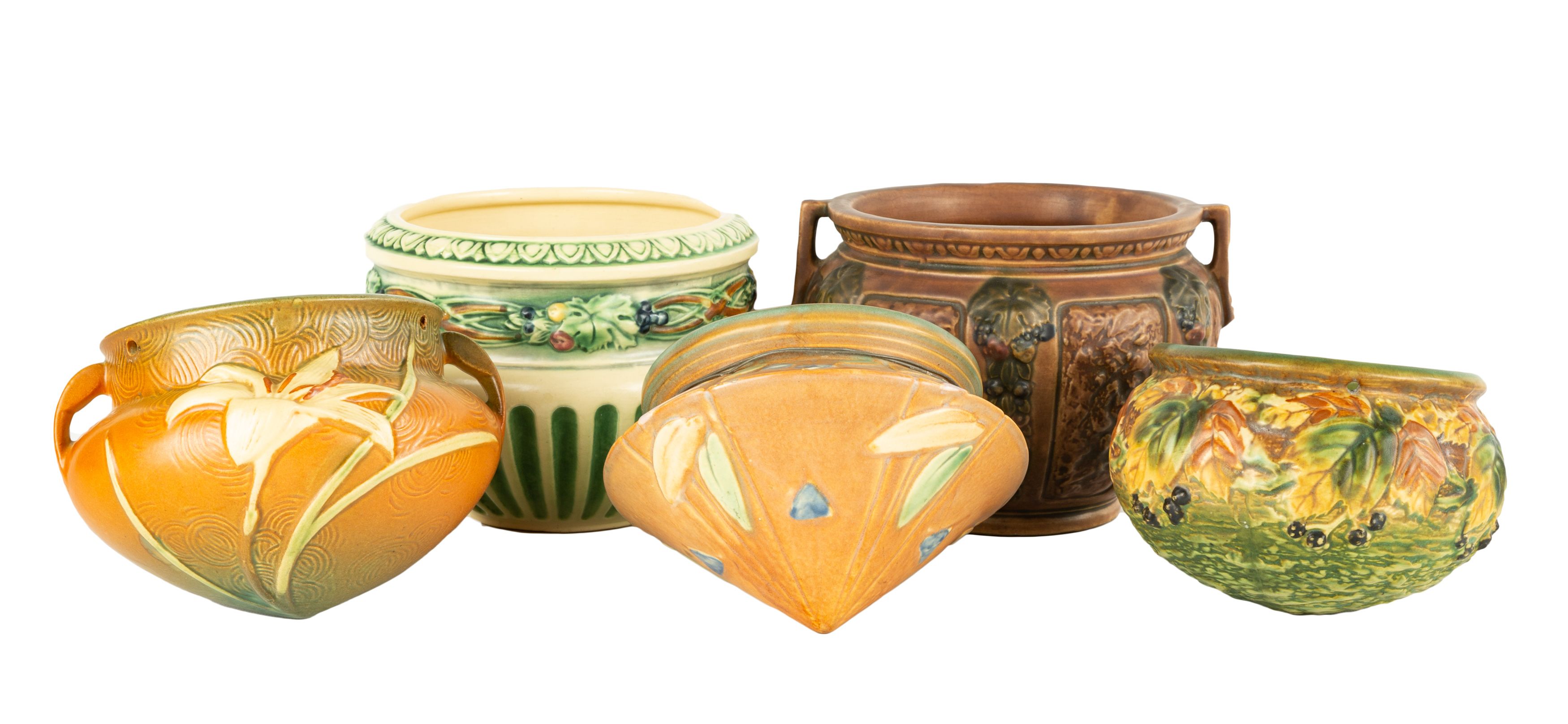 (5) Roseville Art Pottery Hanging Planters &  Jardeniers