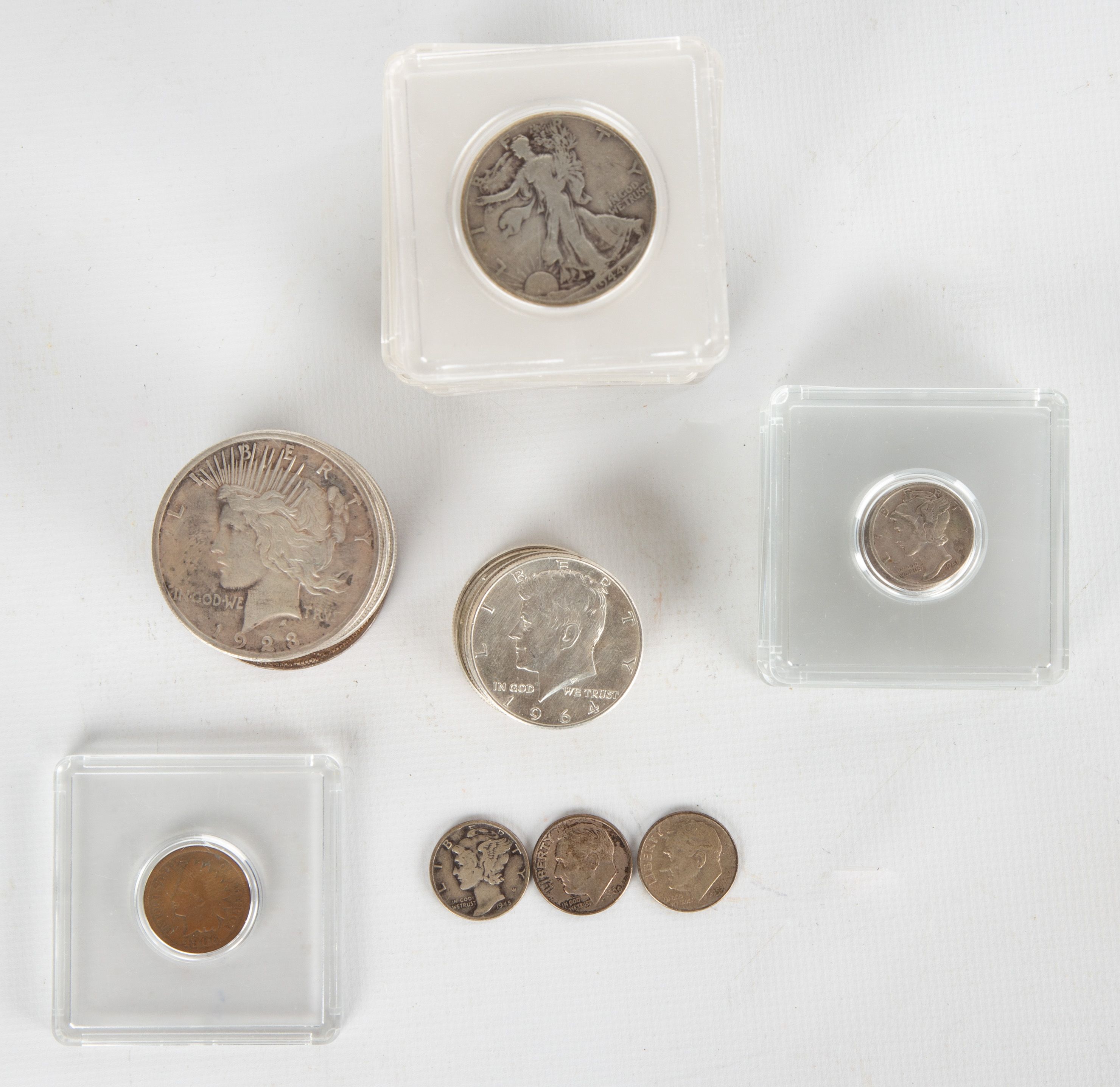 (15) Silver Dollars, (21) Silver Half Dollars, (7)  Silver Dimes, 1906 Indian Head Penny
