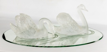 Pair of Lalique Art Glass Cygne Tete Droite and Cygne Tete Penchee Swans on Etched Mirror Plateau