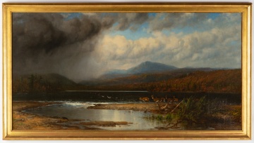 James M. Hart (American, 1828-1901) "Adirondack Scene - Deer & a Storm"