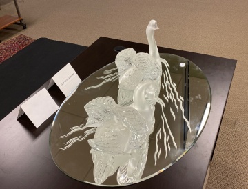 Pair of Lalique Art Glass Cygne Tete Droite and Cygne Tete Penchee Swans on Etched Mirror Plateau