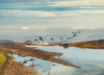 Roy Mason (American, 1886 - 1972) Geese Over a Pond